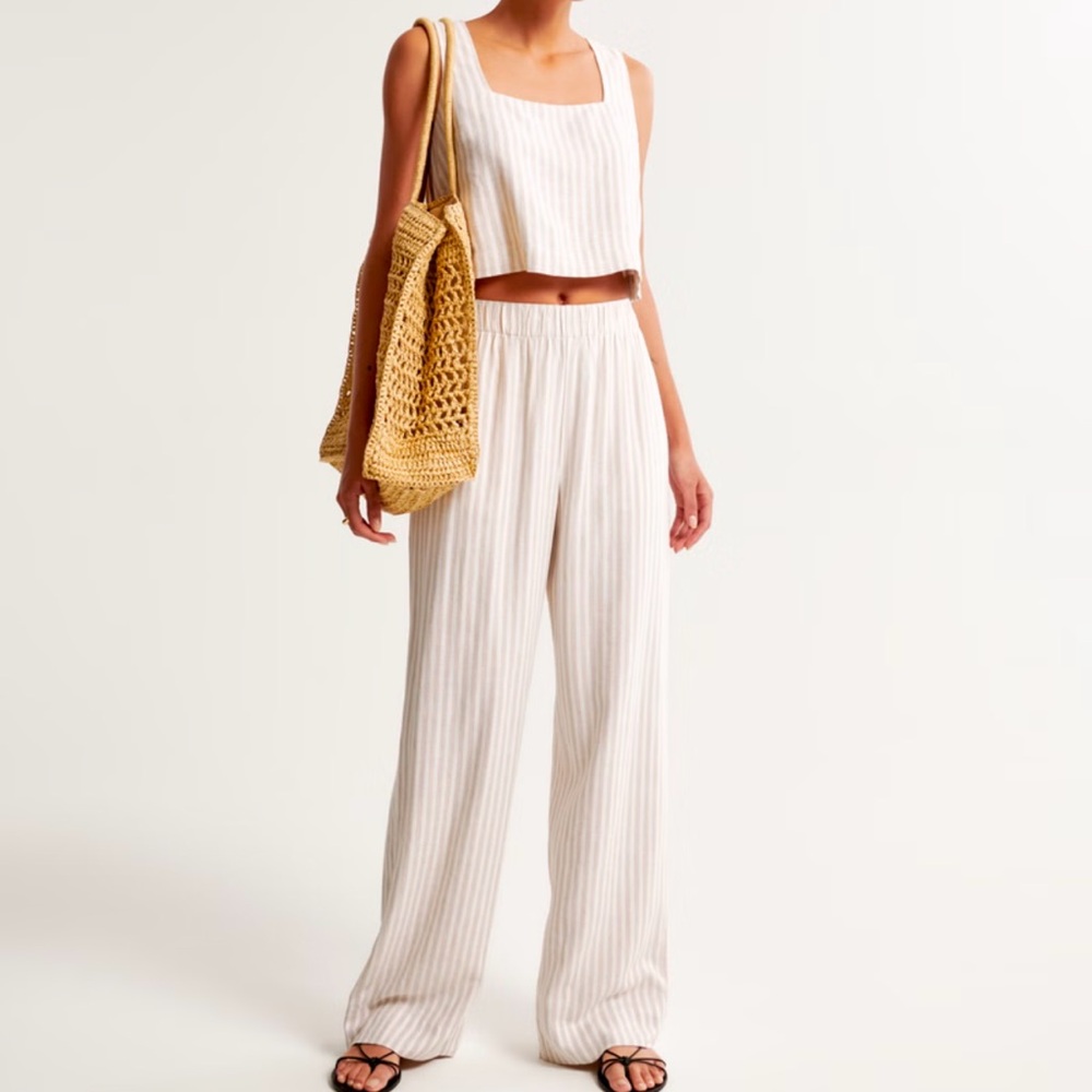 Abercrombie & Fitch Linen-Blend Pull-On Pant in Tan Stripe XL